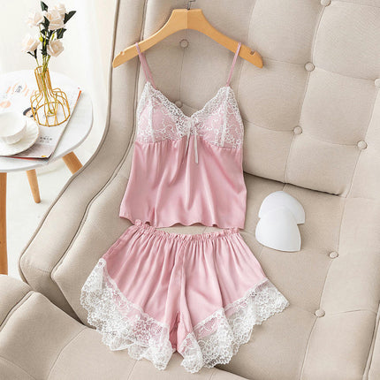 Women Sleepwear Imitation Silk Satin Pajamas Set Lace Camisole Shorts Nightwear 2 Pieces