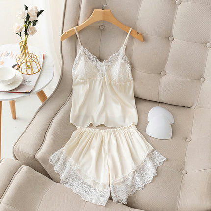 Women Sleepwear Imitation Silk Satin Pajamas Set Lace Camisole Shorts Nightwear 2 Pieces