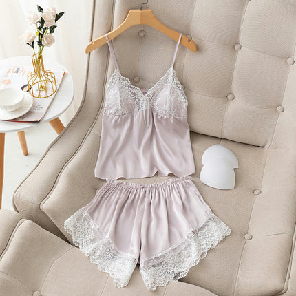 Women Sleepwear Imitation Silk Satin Pajamas Set Lace Camisole Shorts Nightwear 2 Pieces