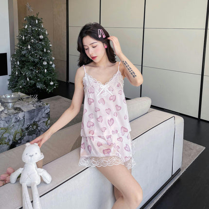 Women's Imitation Silk Pajamas 2-piece Set Floral Lace Camisole Top with Satin Shorts Pajama Set