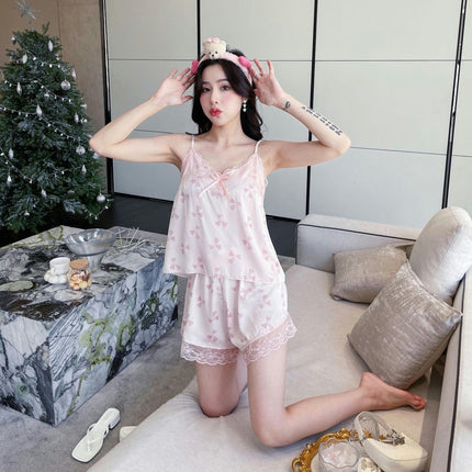 Women's Imitation Silk Pajamas 2-piece Set Floral Lace Camisole Top with Satin Shorts Pajama Set