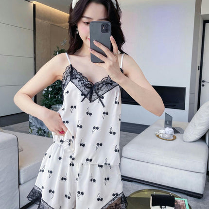 Women's Imitation Silk Pajamas 2-piece Set Floral Lace Camisole Top with Satin Shorts Pajama Set