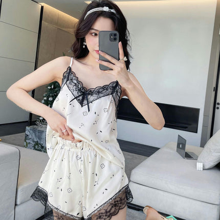 Women's Imitation Silk Pajamas 2-piece Set Floral Lace Camisole Top with Satin Shorts Pajama Set