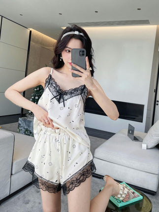 Women's Imitation Silk Pajamas 2-piece Set Floral Lace Camisole Top with Satin Shorts Pajama Set