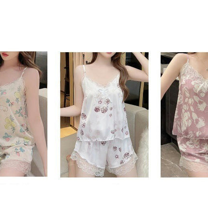 Women's Imitation Silk 2 Piece Lingerie Floral Lace Cami Top with Satin Shorts Sleepwear Set