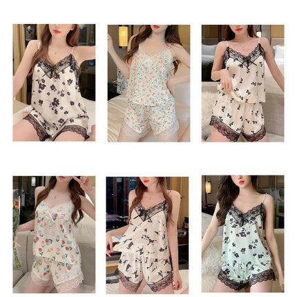 Women's Imitation Silk 2 Piece Lingerie Floral Lace Cami Top with Satin Shorts Sleepwear Set