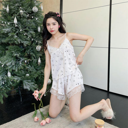 Imitation Silk Satin Pajamas for Women Set Sexy Lace Print Sleepwear Cami Shorts 2 Pieces