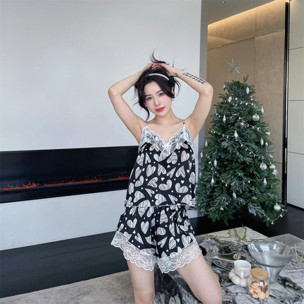 Imitation Silk Satin Pajamas for Women Set Sexy Lace Print Sleepwear Cami Shorts 2 Pieces