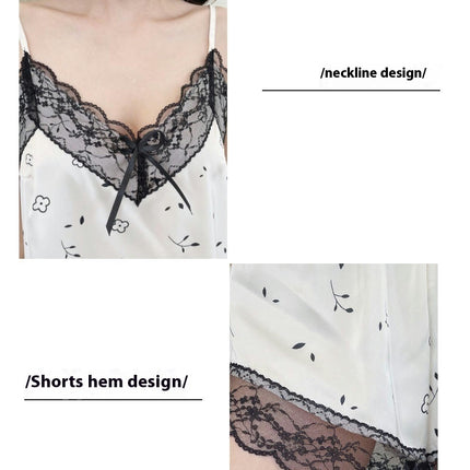 Imitation Silk Satin Pajamas for Women Set Sexy Lace Print Sleepwear Cami Shorts 2 Pieces