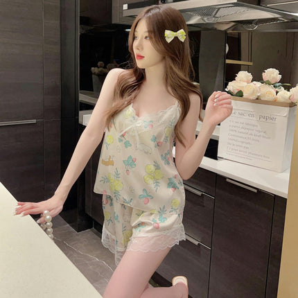 Pajama Sets For Women 2 Piece Imitation Silk Lingerie Sleepwear Satin Printing Cami Pj Shorts Set