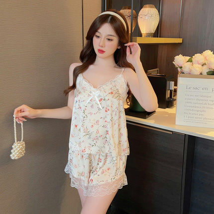 Pajama Sets For Women 2 Piece Imitation Silk Lingerie Sleepwear Satin Printing Cami Pj Shorts Set