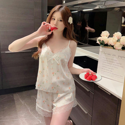 Pajama Sets For Women 2 Piece Imitation Silk Lingerie Sleepwear Satin Printing Cami Pj Shorts Set