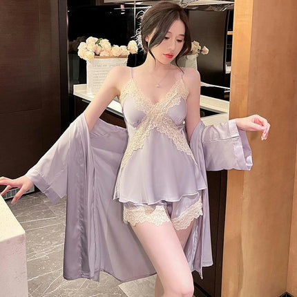 Imitation Silk Satin Pajamas Set Womens Sexy Lingerie Cami Shorts Sleeping Robe Set Sleepwear