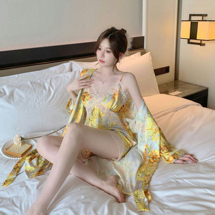 Imitation Silk Satin Pajamas Set Womens Sexy Lingerie Cami Shorts Sleeping Robe Set Sleepwear