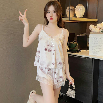 Pajama Sets For Women 2 Piece Imitation Silk Lingerie Sleepwear Satin Printing Cami Pj Shorts Set