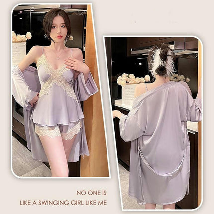 Imitation Silk Satin Pajamas Set Womens Sexy Lingerie Cami Shorts Sleeping Robe Set Sleepwear