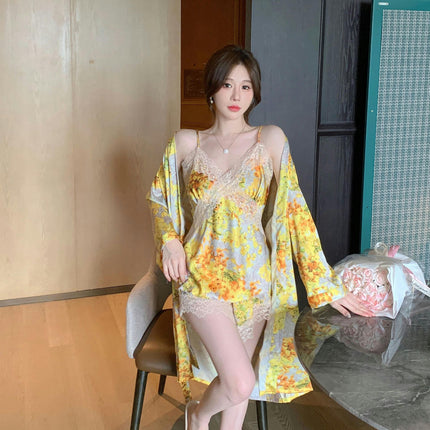 Imitation Silk Satin Pajamas Set Womens Sexy Lingerie Cami Shorts Sleeping Robe Set Sleepwear