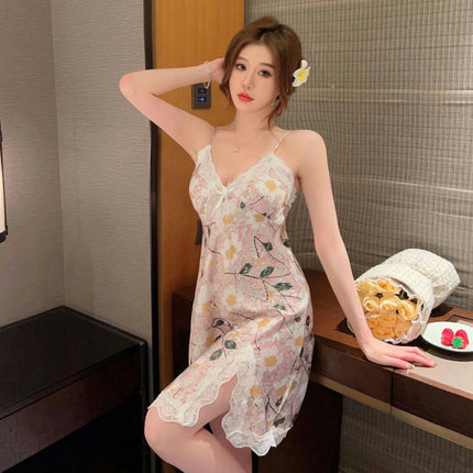 Women's Imitation Silk Satin Nightgown Dress Sexy Lace Slit Mini Suspender Nightdress