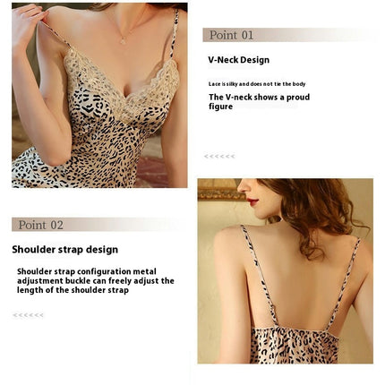 Women's Imitation Silk Nightgown V-neck Leopard Print Chemise Sleepwear Lace Nightwear