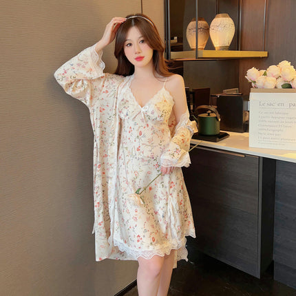 Women's Imitation Ice Silk Printed Pajamas Sexy Bra Pad Lace Suspender Nightgown Two-piece Set