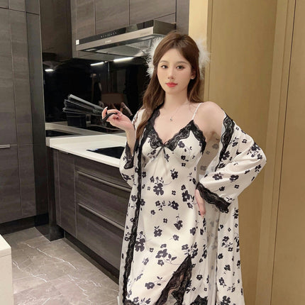 Women's Imitation Ice Silk Printed Pajamas Sexy Bra Pad Lace Suspender Nightgown Two-piece Set