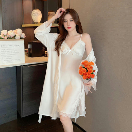 Women's Imitation Ice Silk Printed Pajamas Sexy Bra Pad Lace Suspender Nightgown Two-piece Set