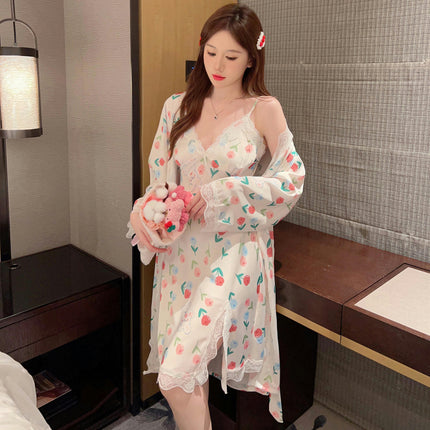 Women's Imitation Ice Silk Printed Pajamas Sexy Bra Pad Lace Suspender Nightgown Two-piece Set