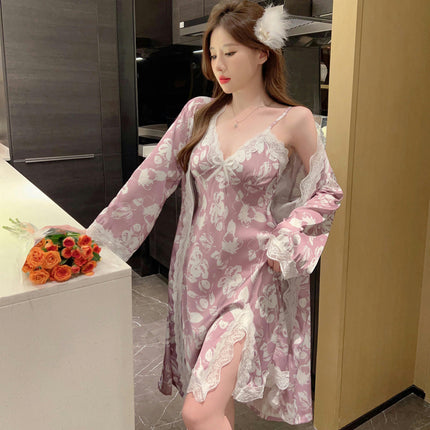 Women's Imitation Ice Silk Printed Pajamas Sexy Bra Pad Lace Suspender Nightgown Two-piece Set