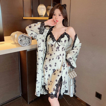 Women's Imitation Ice Silk Printed Pajamas Sexy Bra Pad Lace Suspender Nightgown Two-piece Set