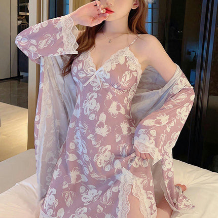 Women's Imitation Ice Silk Printed Pajamas Sexy Bra Pad Lace Suspender Nightgown Two-piece Set