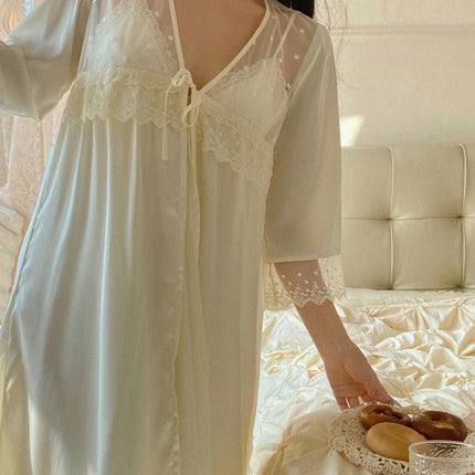 Women's Imitation Silk Pajama Set Satin Dress with Nightgown 2 Piece Set Sexy Lace Mesh Suspender Nightgown