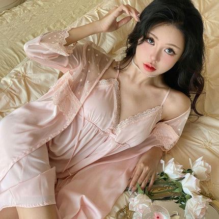 Women's Imitation Silk Pajama Set Satin Dress with Nightgown 2 Piece Set Sexy Lace Mesh Suspender Nightgown