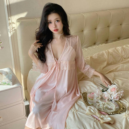 Women's Imitation Silk Pajama Set Satin Dress with Nightgown 2 Piece Set Sexy Lace Mesh Suspender Nightgown