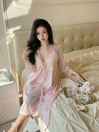 Women's Imitation Silk Pajama Set Satin Dress with Nightgown 2 Piece Set Sexy Lace Mesh Suspender Nightgown