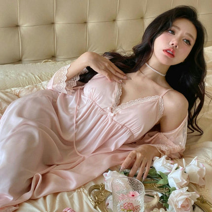 Women's Imitation Silk Pajama Set Satin Dress with Nightgown 2 Piece Set Sexy Lace Mesh Suspender Nightgown