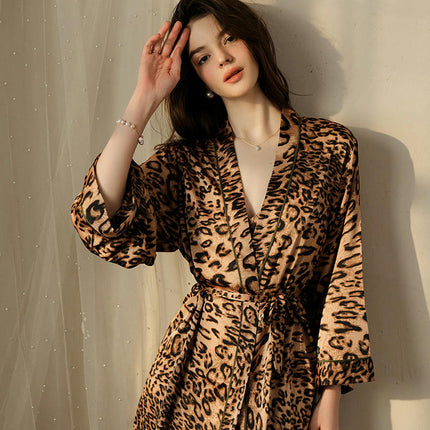 Women's Imitation Silk Satin Nightgown Babydoll Dress Sexy Leopard Print Pajamas Mini Suspender Dress