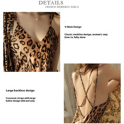 Women's Imitation Silk Satin Nightgown Babydoll Dress Sexy Leopard Print Pajamas Mini Suspender Dress