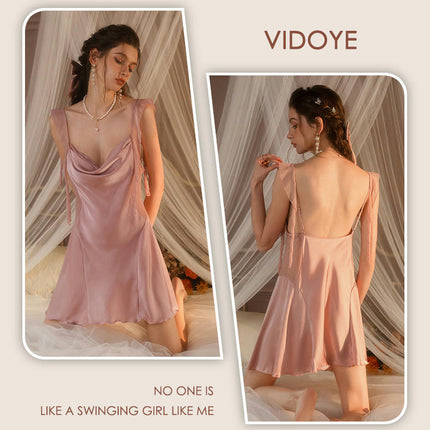 Women's Summer Imitation Silk Nightgown Satin Sexy Night Gowns Cowl Neck Short Nightdress