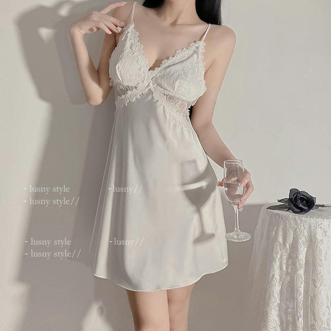 Women's Chemise Deep V Neck Lace Nightgown Imitation Silk Satin Sleepwear Nightdress Cross Back