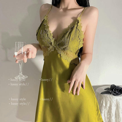 Women's Chemise Deep V Neck Lace Nightgown Imitation Silk Satin Sleepwear Nightdress Cross Back