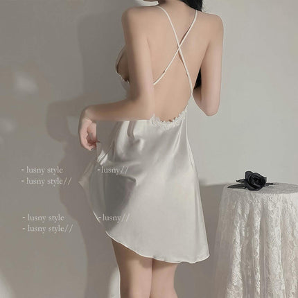 Women's Chemise Deep V Neck Lace Nightgown Imitation Silk Satin Sleepwear Nightdress Cross Back