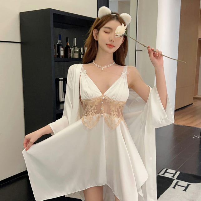 Women's Satin Pajamas Set Silky Robe with Sexy Slip Nightgown 2Pcs  Imitation Silk Sleepwear