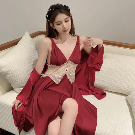 Women's Satin Pajamas Set Silky Robe with Sexy Slip Nightgown 2Pcs  Imitation Silk Sleepwear