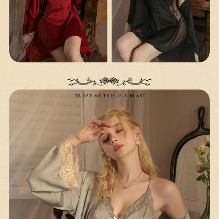 Women's Chemise Deep V Neck Lace Imitation Silk Satin Sleepwear Suspender Nightdress