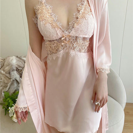 Women's Imitation Silk Satin Negligee with Robes Set 2 Piece Sexy Lace Cami Nightwear