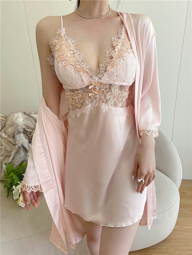 Women's Imitation Silk Satin Negligee with Robes Set 2 Piece Sexy Lace Cami Nightwear