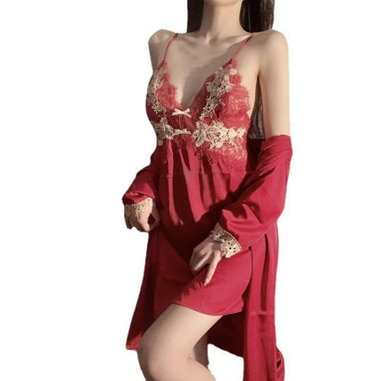 Women's Imitation Silk Satin Negligee with Robes Set 2 Piece Sexy Lace Cami Nightwear