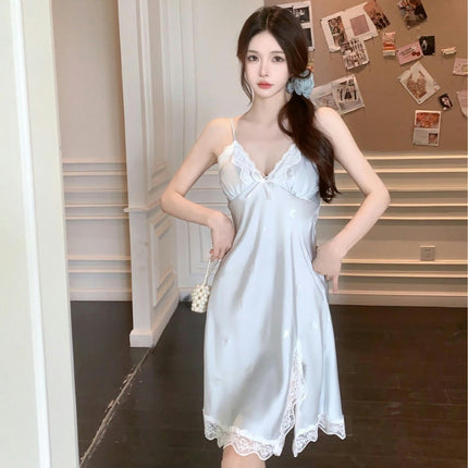 Women's Sexy V-neck Pajamas Imitation Ice Silk Hot Silver Butterfly Silk Suspender Nightdress