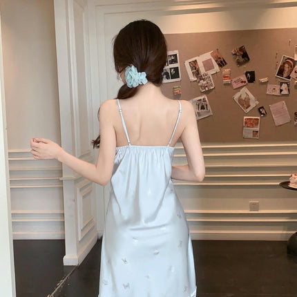 Women's Sexy V-neck Pajamas Imitation Ice Silk Hot Silver Butterfly Silk Suspender Nightdress