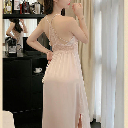 Women Imitation Silk Satin Nightgown Sexy Lace Chemise Lingerie Long Sleepdress for Ladies Sleepwear